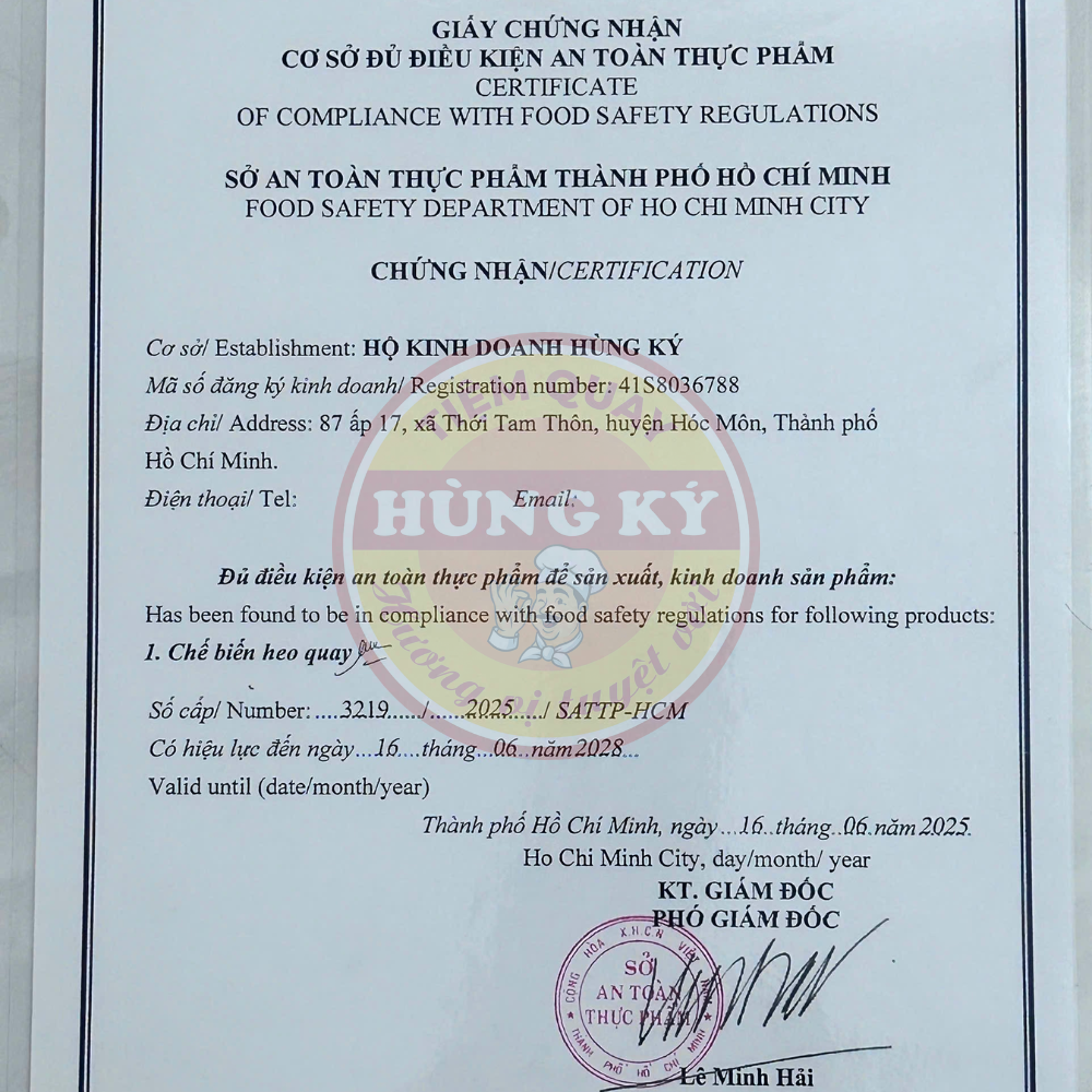 Heo Quay Hùng Ký - Đơn vị đã được cấp giấy phép đảm bảo VSATTP